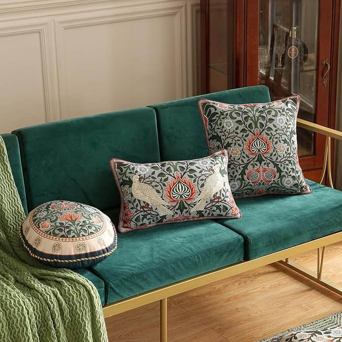 ISAENNE Designer William Morris Rectangular Throw Pillow Covers 12x20 Pack of 2,Vintage Floral Birds Cushion Cases, Decorative Linen Pillow Covers for Sofa Couch Bedroom Living Room Outdoor