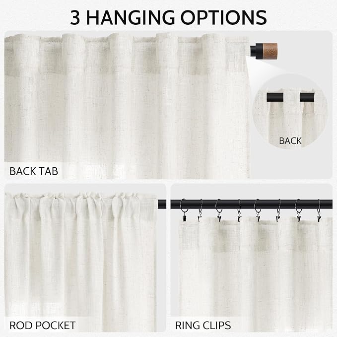 Nanspring Neutral Linen Curtains 80 Inch Length for Living Room Light Filtering Semi Sheer Curtain Coastal Modern Farmhouse Decor Drapes for Bedroom Back Tab and Rod Pocket 52x80, 2 Panels