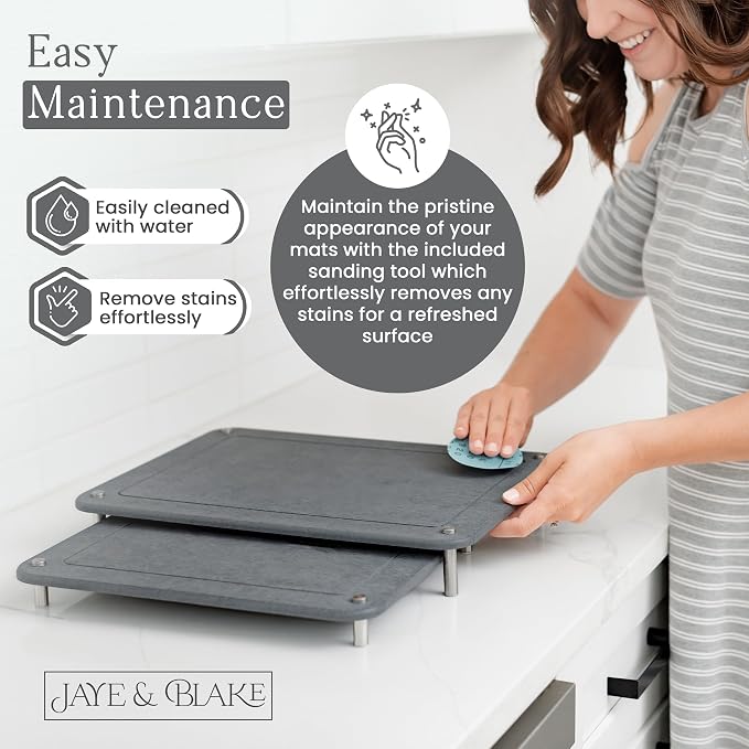 2 PCs Nesting Stone Dish Drying Mats for Kitchen Counter - Absorbent Quick Drying Diatomaceous Earth Stone Drying Mat with Non-Slip Feet - Heat Resistant & Odorless Dish Drying Stone Mat - Gray Solid