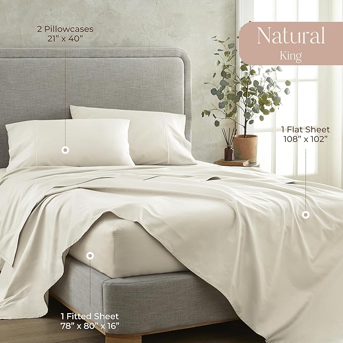 100% Organic Cotton Sheets King Size - GOTS Certified Organic Bed Sheets with Deep Pocket 500 Thread Count and Cozy Sateen Weave Gets Softer with Each Wash - Luxury 4 Piece Set (Natural, King)