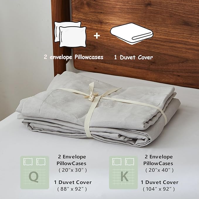 100% Linen Duvet Cover Set, 3 PCS Natural French Flax Light Grey Duvet Cover Queen Size, Breathable Soft Comfy Linen Bedding Comforter Cover with 2 Pillowcases(Light Grey, 88" x 92")