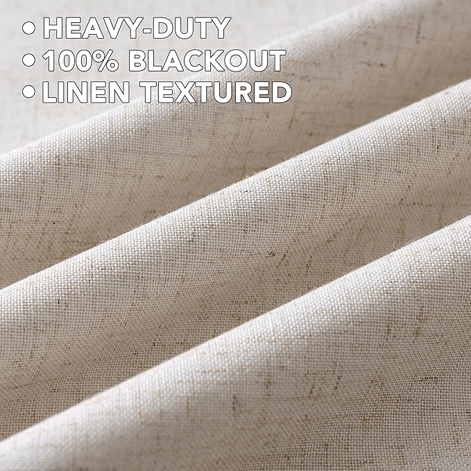 H.VERSAILTEX Linen Curtains 100% Blackout Curtains for Bedroom 90 inch Long Full Light Blocking Nature Linen Blended Window Curtains for Living Room Nickel Grommet (2 Panels, Heathered Natural)