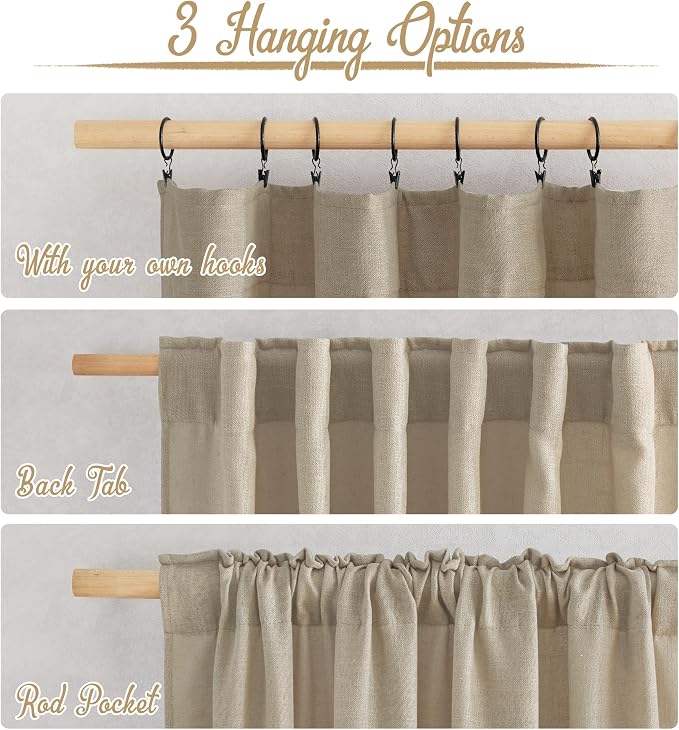 NICETOWN Taupe Curtains 84 inch Length 2 Panels Set, Rod Pocket & Back Tab Natural Linen Burlap Semi Sheer Window Treatments Privacy with Light Filtering for Bedroom/Living Room, W52 x L84