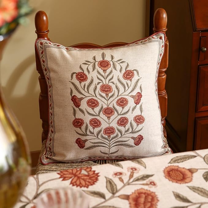 ISAENNE Design Linen Square Vintage Throw Pillow Covers 18"x18" Pack of 2, Brick Red Cushion Covers with Orange Floral Green Leaves Pattern Decoration Pillowcases for Bed,Living Room,Outdoor,Car