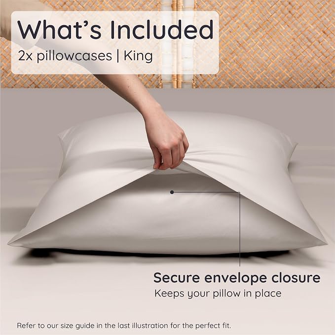 Bambaw 100% Viscose Derived from Bamboo Pillowcase King Size – Set of 2 Cooling Pillow Cases for Hair Protection with Envelope Closure, Breathable & Anti Acne Pillowcase (Sand)