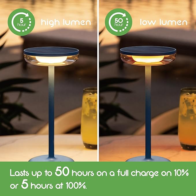 Cocktail Style Solar Table Lamp - Cordless LED Light with USB-C Charging, Dimmable Warm 2700K Glow, Weather Resistant for Indoor/Outdoor Use - Blue, 1 Pack