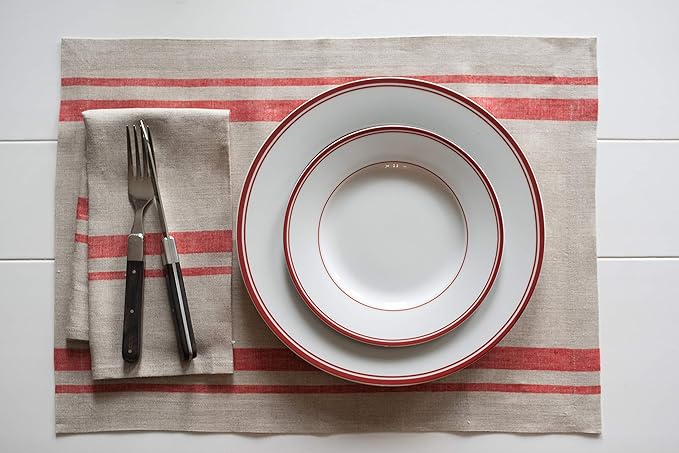 Solino Home Linen Placemats Set of 4 - French Stripe Red and Natural Placemats 14 x 19 Inch - 100% Pure Linen Table Mats