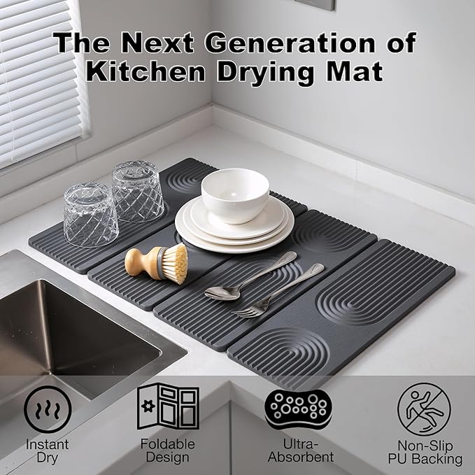23.6"×15.7" Diatomaceous Earth Stone Dish Drying Mat, Foldable Super Absorbent Quick Dry Non-Slip Eco-Friendly Pad for Kitchen Counter, Dishes, Cups, Bottles & Utensils, Dark Gray