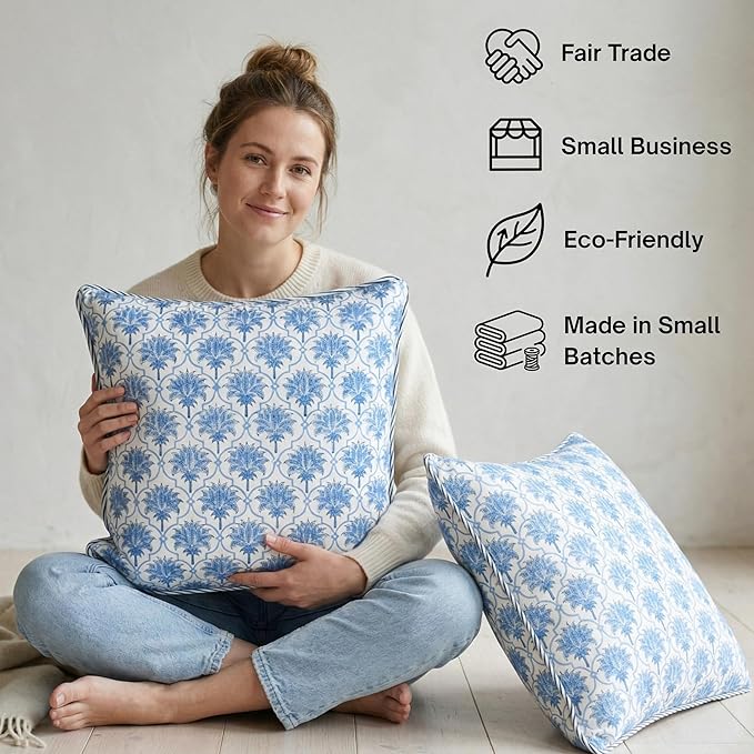 ATOSII Block Print Throw Pillow Covers, 24" X 24" - Set of 2, Decorative Couch Pillows for Living Room Bed Sofa, 100% Cotton Canvas Pillow Case for Home Decor & Outdoors, Preppy Throws - Padma Blue