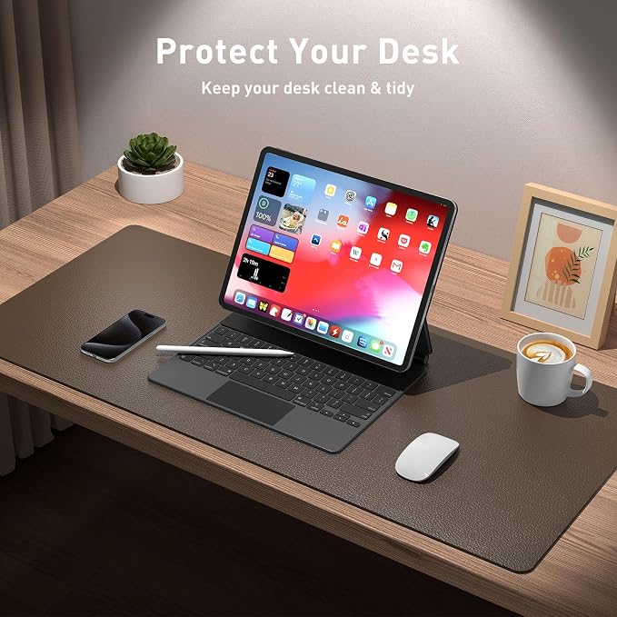 Aothia Faux Leather Desk Mat – Large Mouse Pad, Non-Slip PU Leather Blotter, Waterproof Writing Surface for Office and Home (Coffee, 47.2" x 23.6")