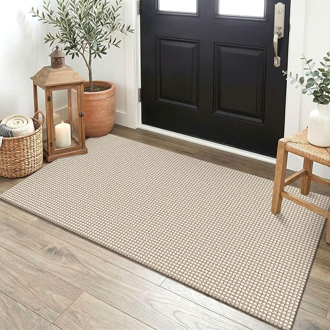 EARTHALL Woven Runner Rug 2x4 Ft Washable Runners for Hallways Cotton Non Slip Eentryway Runner Braided Indoor Floor Carpet for Kitchen, Hallway, Kitchen, Doormat, Beige/Ivory