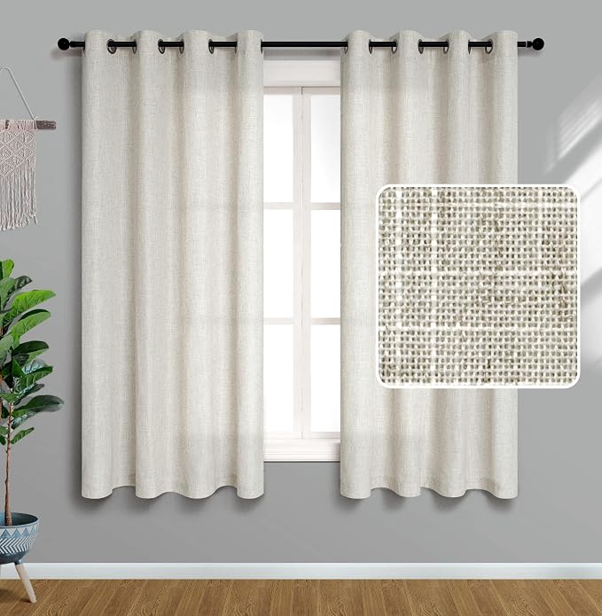 Pitalk Flax Linen Curtains 54 Inch Length for Kitchen 2 Panels Set Grommet Rustic Country Semi Opaque Sheer Short Curtains for Small Windows Burlap Farmhouse Bedroom Decor 52x54 Inches Long