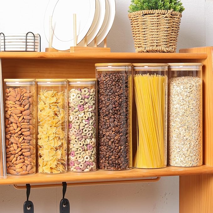 ComSaf Set of 9 Glass Storage Containers with Lids, Glass Jars with Bamboo Lids, Clear Food Storage Jar, Round Glass Canister, Pantry Organizers and Storage for Pasta Flour Rice Coffee Bean