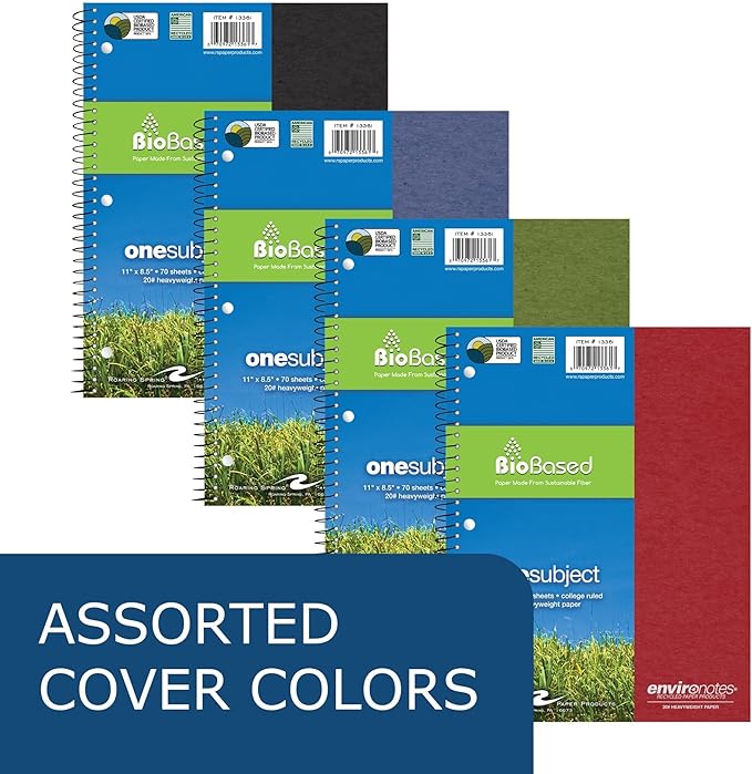 ROARING SPRING Case of 24, Environotes Recycled One Subject Spiral Notebook, Heavyweight College Ruled BioBased Paper, 11" x 8.5" 70 Sheets, Assorted Earthtone Covers