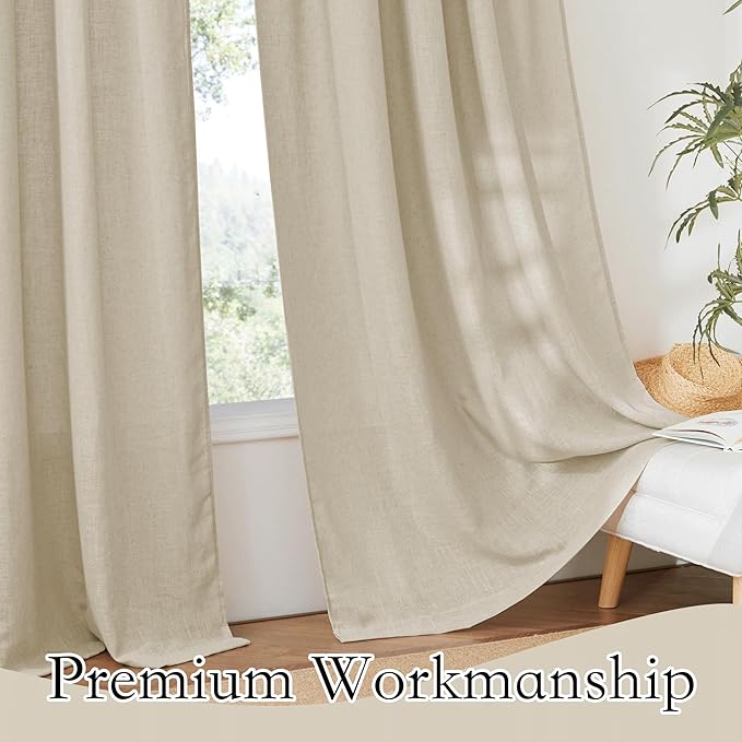 RYB HOME Semi Sheer Curtains for Bedroom, Airy Solid Sheer Window Curtain Stylish Privacy Drapes for Kitchen Dining Room Nursery, Beige, Wide 70 x Long 95, 2 Panels