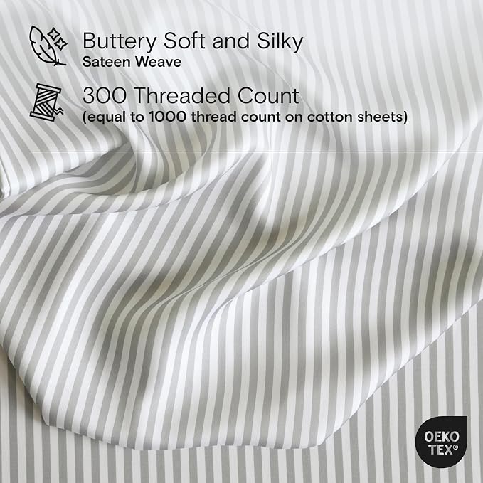 DOZ Sheet Set, 100% Viscose derived from Bamboo, Organically Grown, Buttery Soft, Cooling Sheets, High GSM, Deep Pockets - 3 Piece - 2 Pillowcases 1 Fitted Sheet (Stripe, King)