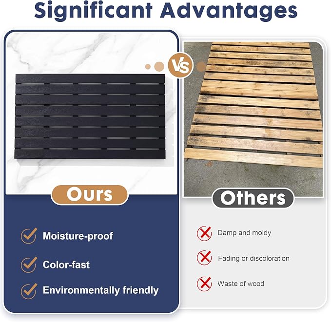 Bamboo-Design Bath Mat, Heavy Duty HDPS Plastic, 31.5"x18", 400lb Support, 100% Waterproof & Fadeproof, Superior to Real Bamboo for Bathroom Shower Spa Sauna Poolside Outdoor (Black Color)