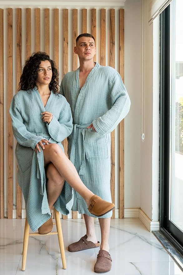 Muslin Unisex Bathrobe Women & Men, 100% Cotton Kimono Lightweight Robe | Long Robes Soft, Absorbent, Spa robes