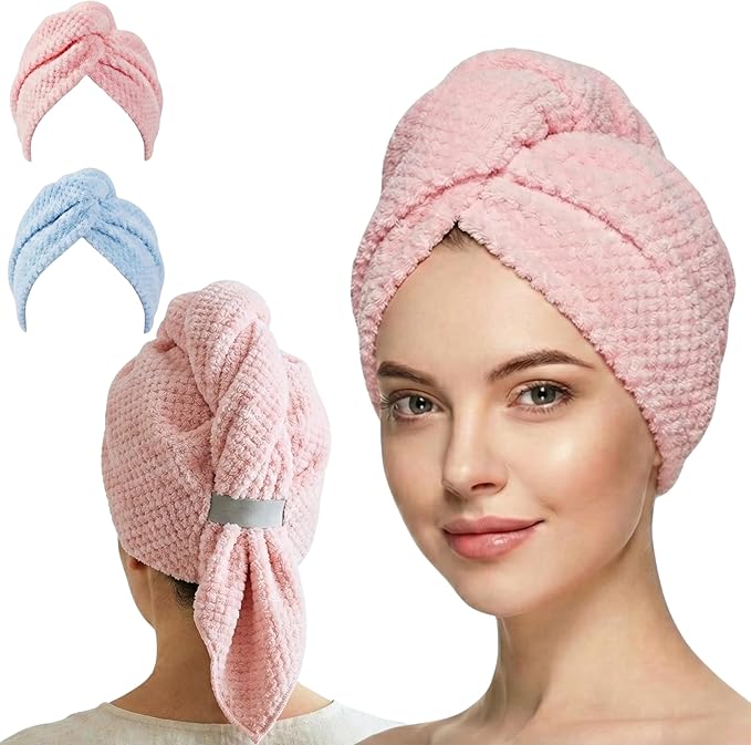 2 Pack Microfiber Hair Towel Wrap for Women 26 x 10 in | Hair Drying Towel with Button and Band | Hair Turban Towel Quick Dry Waffle Coral Fleece Head Towels (Pink + Blue)