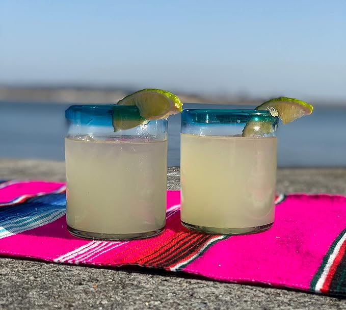 Dos Sueños Hand Blown Mexican Drinking Glasses - Set of 6 Tumbler Glasses with Aqua Blue Rims (10 oz each)