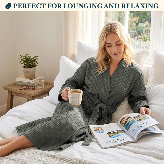 PAVILIA Womens Waffle Knit Robe Lightweight Cotton Blend Full Length House Bathrobe with Pockets