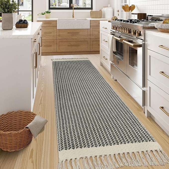 Lahome Belle Boho Hallway Runner Rug, 2x7 Kitchen Runners Rug Washable Bath Rugs for Bathroom Woven Cotton with Tassels, Farmhouse Carpet Non Shedding Grey Rugs for Bedroom Laundry
