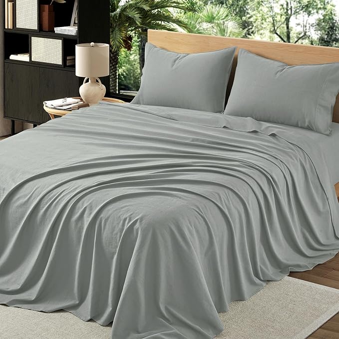 3Pcs Organic Linen Sheets Twin Size, 100% French Linen from Normandy, Tear-Resistant Earl Gray Bed Sheets Twin Sheet Set with 16 Inch Deep Pocket, 1 Flat Sheet, 1 Fitted Sheet, 1 Pillowcases