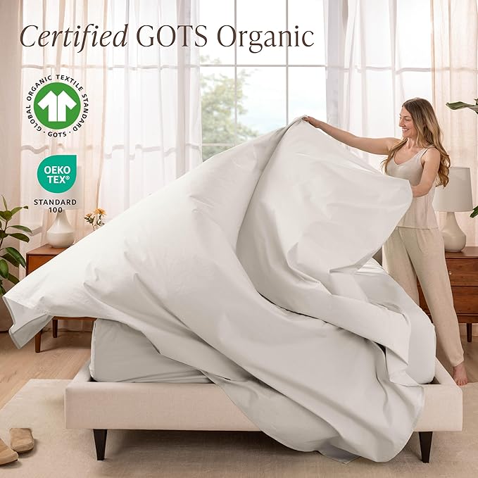 Bare Home 100% Organic Cotton Twin Sheet Set - Crisp Percale Weave - Lightweight & Breathable - Bedding Sheets & Pillowcases (Twin, French Beige)
