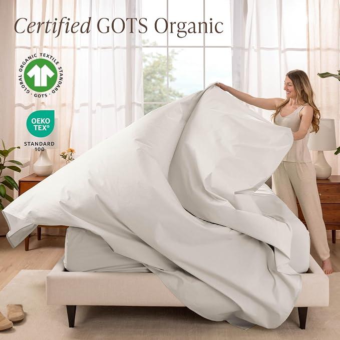 Bare Home 100% Organic Cotton Queen Sheet Set - Crisp Percale Weave - Lightweight & Breathable - Bedding Sheets & Pillowcases (Queen, French Beige)