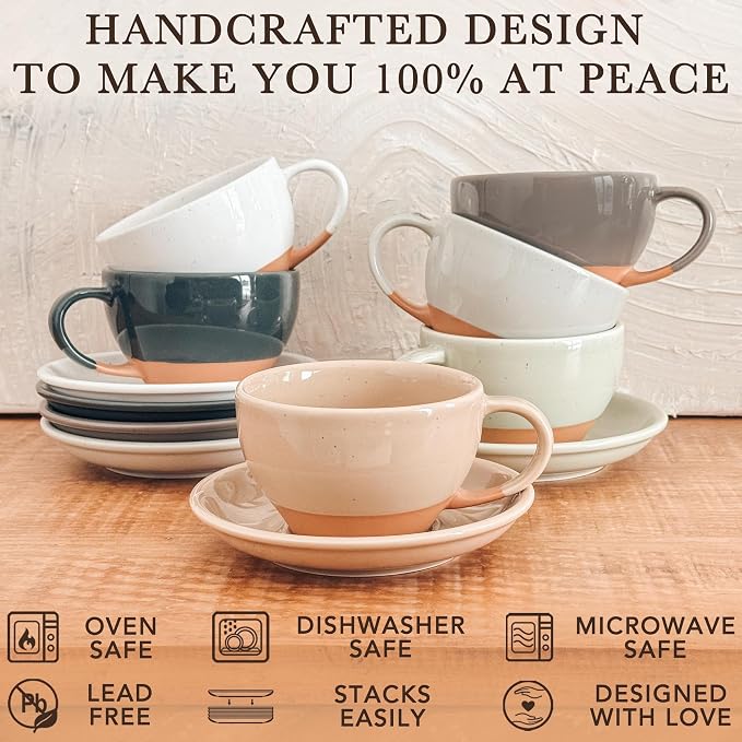 MORA Ceramic Latte Art Mug With Saucer - 10.5 oz, Round Bottom For Perfect Pours - Cafe Cups for Cappuccino, Espresso, Coffee, Tea etc - Porcelain Set for Baristas, Great Gift - Chai Latte