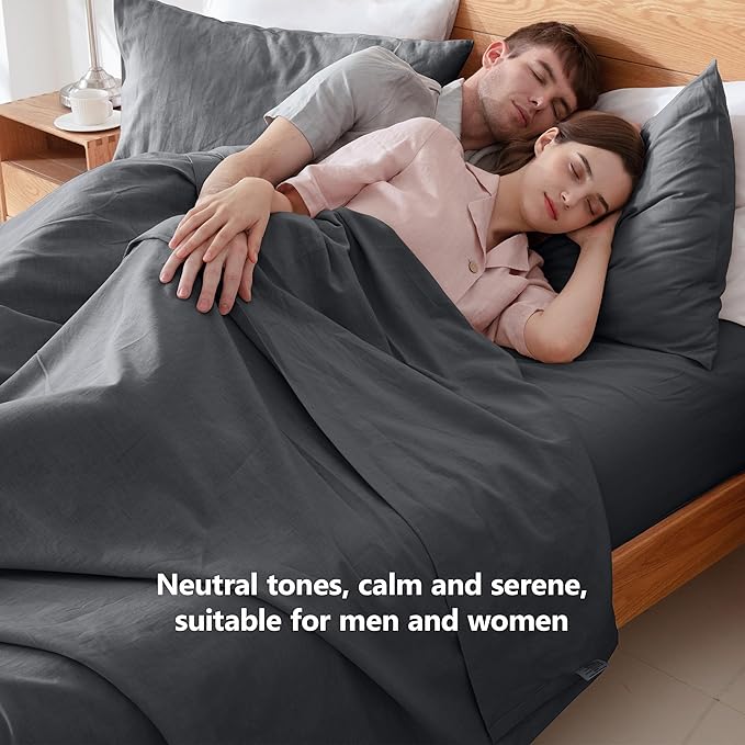 FALUCA French Linen Blend Duvet Cover Set 3Pcs Queen (88"x92") - Soft, Breathable, Cooling Farmhouse Bedding for Summer Hot Sleeper (Queen, Dark Grey)