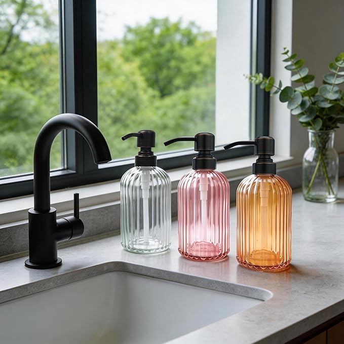 16 OZ Orange Glass Soap Dispenser,Clear Orange Stripe Bathroom Hand Soap Dispensers with Stainless Steel Bronze Pump, Kitchen Hand Soap Dispenser with Oil Rubbed Bronze Pump