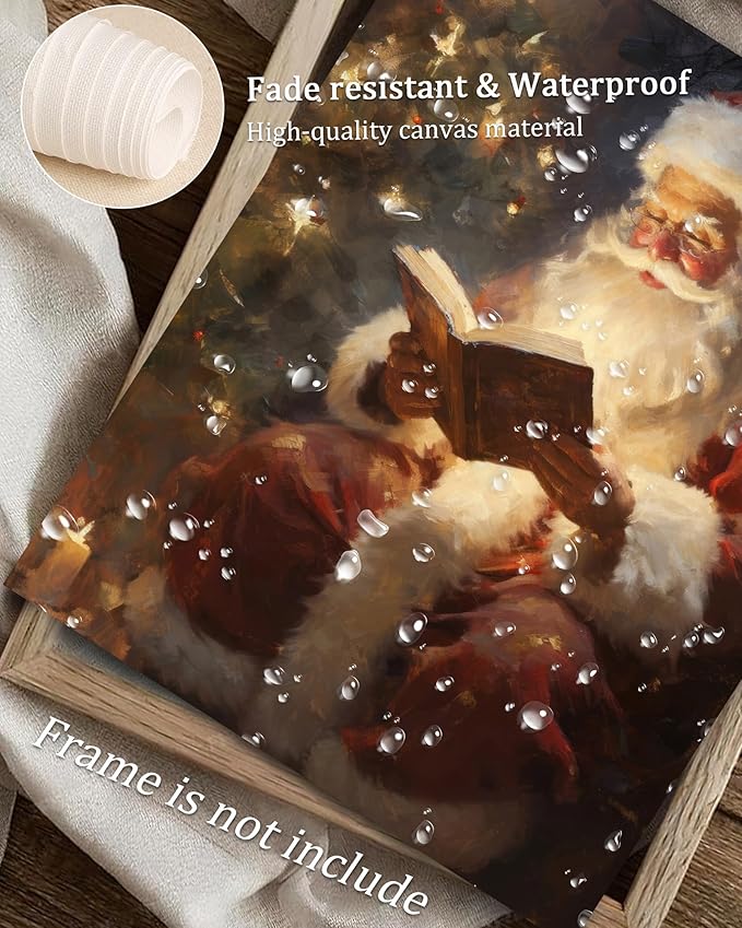 Vodefoad Vintage Christmas Claus Wall Art Santa Claus Reading Book Xmas Oil Canvas Prints Cottagecore Decor Academia Xmas Decor Winter Print for Holiday Christmas Dec - 8x10Inch Unframe