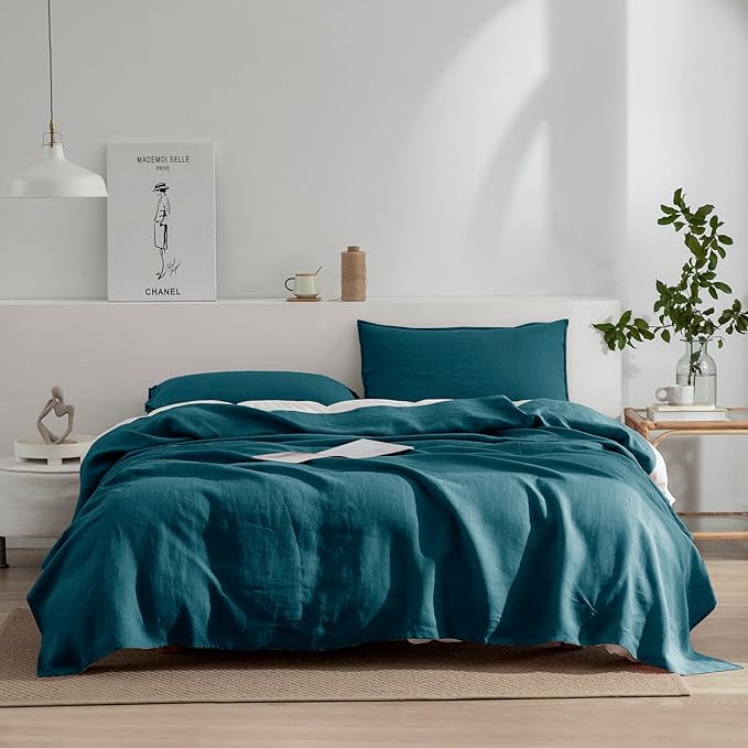 EVERLY Linen Sheets Set King Size,100% French Stonewash Pure Linen Sheets Set,4Pieces (1Flat Sheet,1Fitted Sheet,2Pillowcase) Suitable for Hot Sleepers,Deep Pocket Natural Bedding Set-Graphite Blue