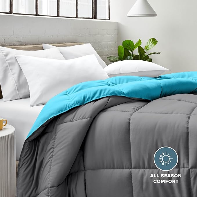 Bare Home Queen Comforter - Reversible Colors - Goose Down Alternative - Ultra-Soft - Premium 1800 Series - All Season Warmth - Bedding Comforter (Queen, Grey/Aqua)