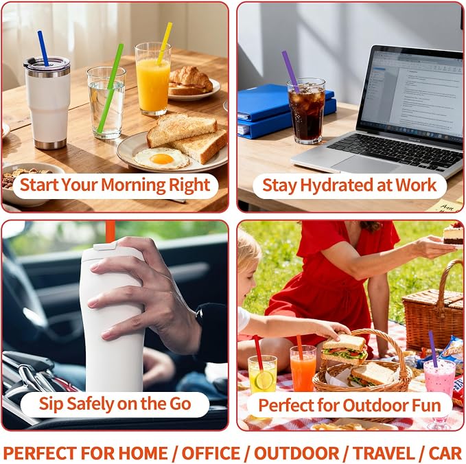 6 Pack Reusable Silicone Straws Compatible with Stanley 40oz 30oz 20oz Tumblers, 12.2" Long x 0.374" Diameter BPA-Free Drinking Straws with 2 Cleaning Brushes, Flexible Cuttable Teeth-Friendly