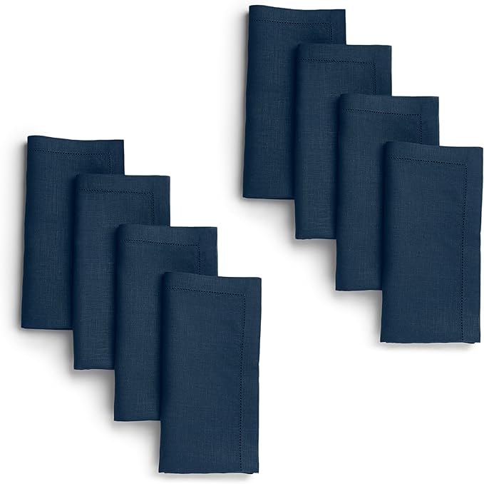 Signature Linen™ by D'Moksha Navy Blue Dinner Napkins Set of 8, 20 x 20 Inch Cloth Napkins, 100% Pure Linen, Hemstitch, Machine Washable Table Napkins- Summer, Father's & Independence Day