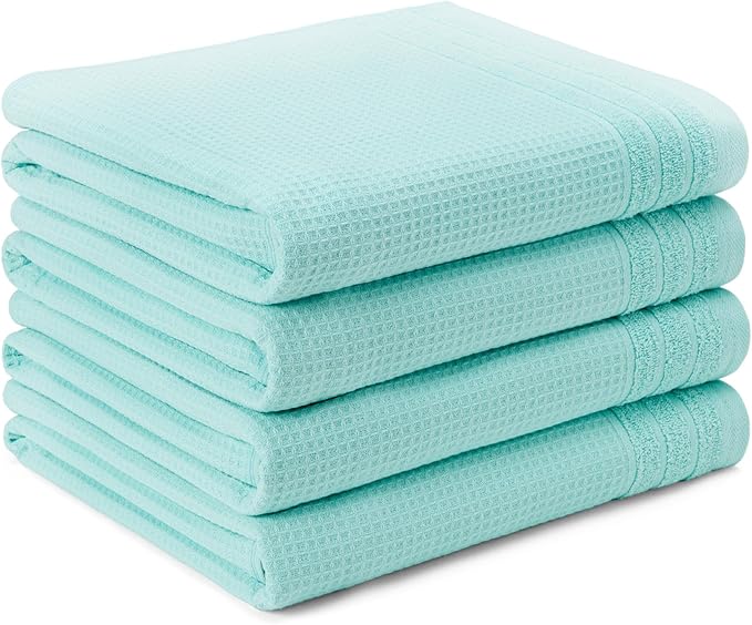 Town & Country Basics 4-Piece Waffle Woven Terry Stripe Bath Towel Set, 30x56-Inch, 100% Cotton, Quick Dry, Aqua