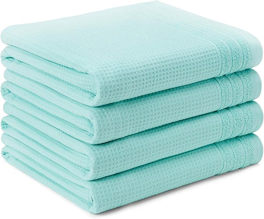 Town & Country Basics 4-Piece Waffle Woven Terry Stripe Bath Towel Set, 30x56-Inch, 100% Cotton, Quick Dry, Aqua