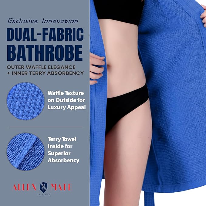 ALLEN & MATE 100% Cotton Women's Short Robe Dual Fabric Waffle Outside & Terry Towel Inside Kimono Bathrobe Medium Weight