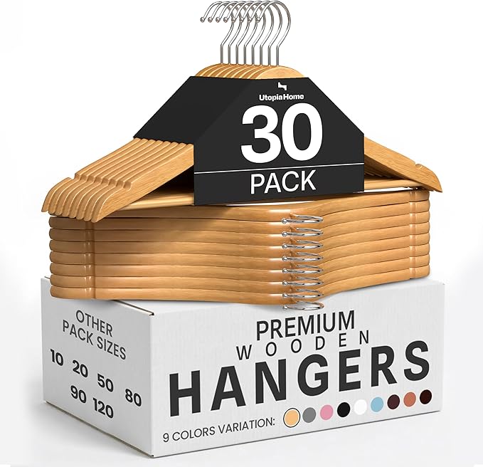 Utopia Home Premium Wooden Hangers 30 Pack - Durable & Slim Coat Hanger - Suit Hangers with 360-Degree Rotatable Hook - Wood Hangers with Shoulder Grooves (Natural)