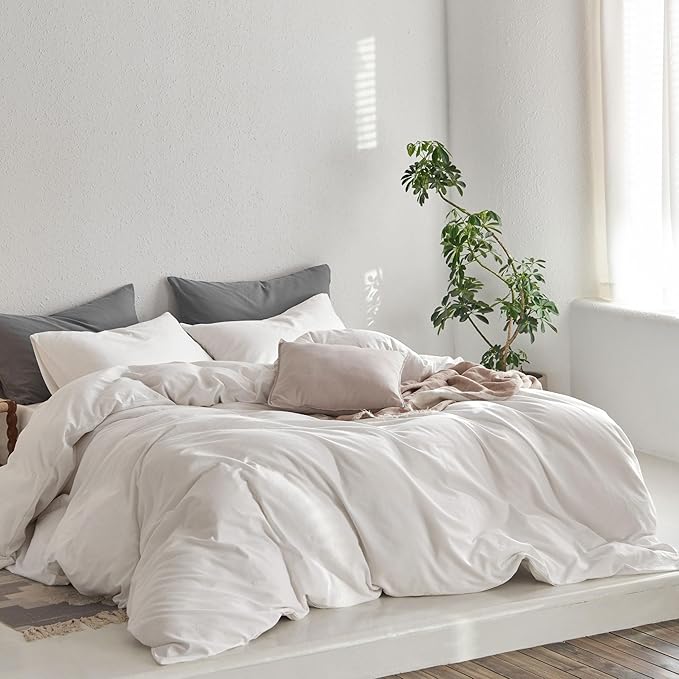 MooMee California King Duvet Cover Set, 100% Washed Cotton Linen Like Twill Thick Sturdy Material Super Soft Breathable Durable Bedding for All Season, 3 Pieces (Off White, Cal King 104"x98")