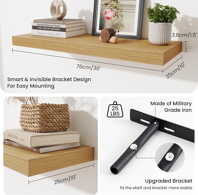 Fun Memories Floating Shelves for Wall, 30 Inch Long Floating Shelves Set of 3, 30 x 10 Wooden Shelves for Wall, Large Storage Shelves, Hanging Shelves for Bathroom Kitchen Bedroom, Oak