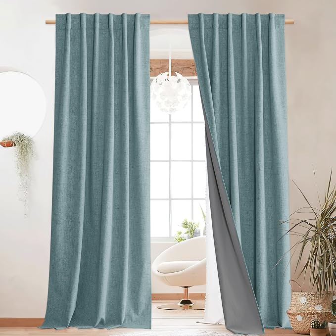 NICETOWN Skylark Blue Blackout Linen Curtains 95" Long, Rod Pocket Back Tab Full Light Blocking Drapes with White Thermal Insulated Liner for Nursery, Hall, Villa (2 Pieces, 52" Wide Each Panel)