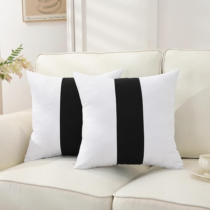 TAOSON Set of 2, 100% Cotton Canvas Patchwork Throw Pillow Covers 20x20 Inch Modern Black Striped Pillow Cushion Covers Farmhouse Decor Pillow Cases for Couch Living Room Bed Sofa Decor