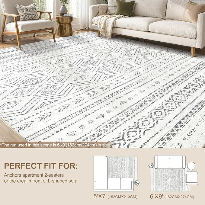 Tortania Area Rug Living Room Rugs- 5x7 Washable Large Soft Neutral Boho Moroccan Bohemian Farmhouse Rug Indoor Floor Carpet for Bedroom Under Dining Table Home Office Decor - Beige Gray