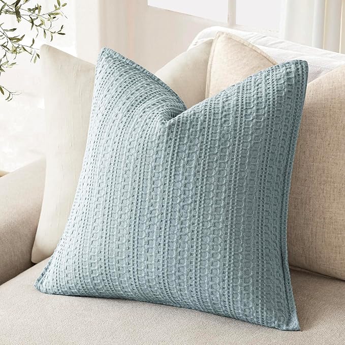 Foindtower Set of 2 Decorative Cotton Waffle Weave Throw Pillow Covers Euro Shams Cushion Covers Accent European Pillowcase for Bed Couch Sofa Bedroom Living Room Home Decor 26×26 Inch Light Blue