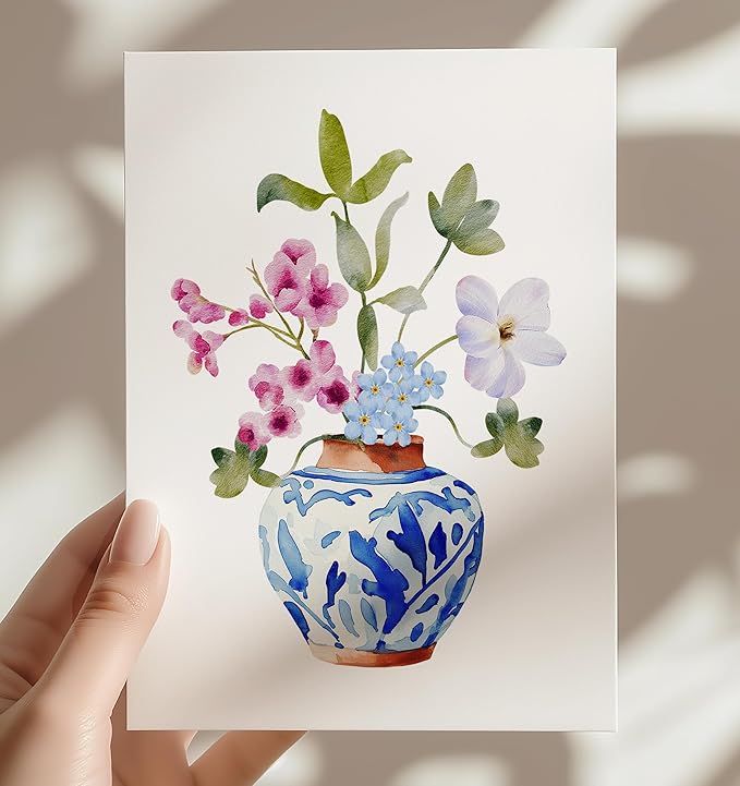 Ginger Jar with Wildflowers Greeting Cards - Set of 10 All Occasion 5x7 Note Cards with Envelopes. Blank Inside. Hand-Drawn Watercolor Floral Bouquet in Blue Chinoiserie Vase.