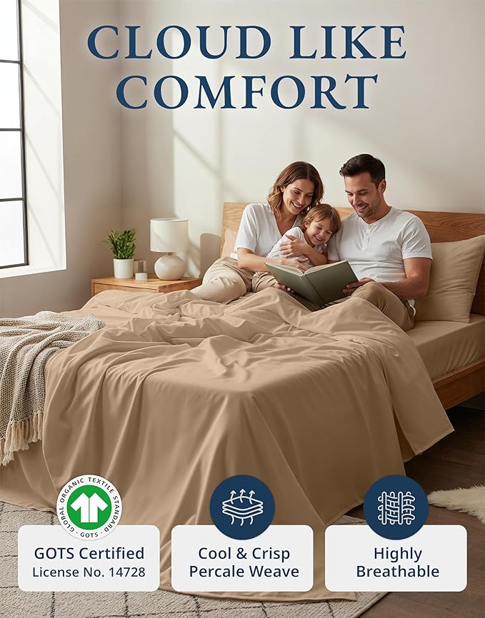 LANE LINEN 100% Organic Cotton Sheets Set, Long- Staple Percale Weave Ultra Soft Best- Bedding Sheets for Bed, GOTS Certified, Fits Mattress Upto 15inch Deep Pocket (King, Taupe)