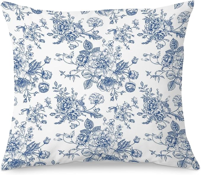 Vintage Blue Toile Floral 18x18 Pillow Cover, French Country Decor, Grandmillennial Blue and White Flower Aesthetic Decorative Throw Pillow Cover for Home Bedroom Living Room